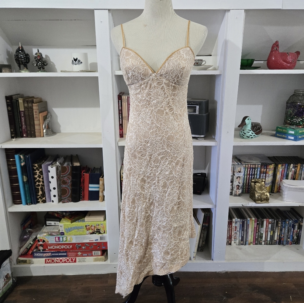 White House Black Market Sleeveless Ivory Tan Asymmetrical Lace Dress Size 4